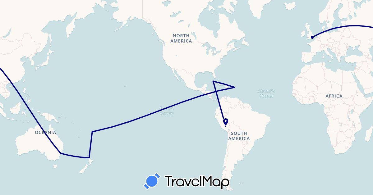 TravelMap itinerary: driving in Australia, Cuba, Fiji, United Kingdom, New Zealand, Peru, British Virgin Islands (Europe, North America, Oceania, South America)